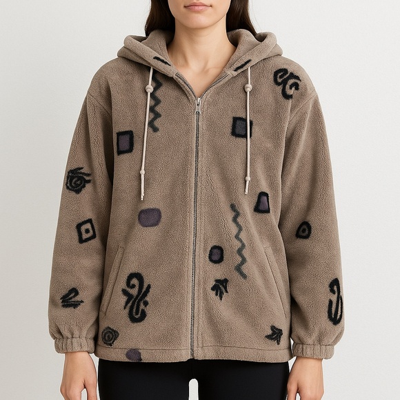 Vintage Forecaster Fleece Jacket Geometric Print Zip Up Hooded Petite - Picture 1 of 8